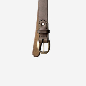 a rich brown leather belt with an aged brass buckle and hand stitched detailing.
