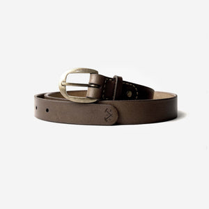 a rich brown leather belt with an aged brass buckle, etched logo and hand stitched detailing.