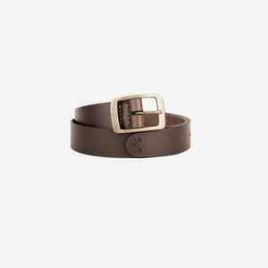 a rich brown leather belt with an aged brass buckle, etched logo and hand stitched detailing.